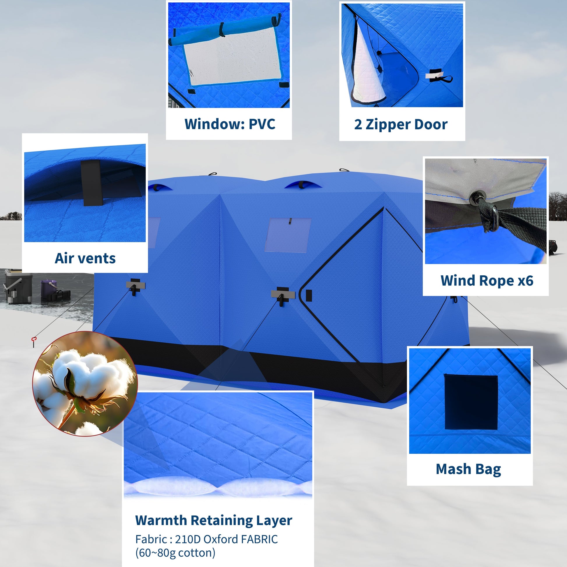 Garvee Ice Fishing Insulated Tent, Large Pop-Up Portable Hub-Style Ice Fishing Shelter, 6 Person Shelter 68 Square Feet of Fishable Area