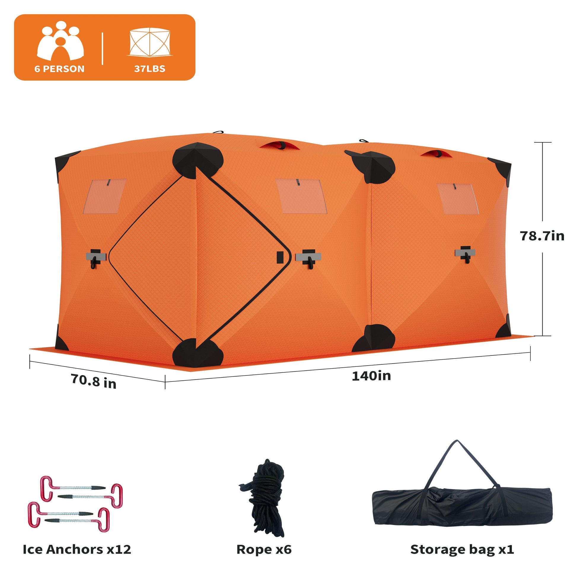 Garvee Pop Up Ice Fishing Tent Insulated Hub-Style Shelter Windproof & Warm 210D Fabric Metal Hubs Double-Layer Windows Orange 6x11.7x6.6 Ft Outdoor Ice Fishing
