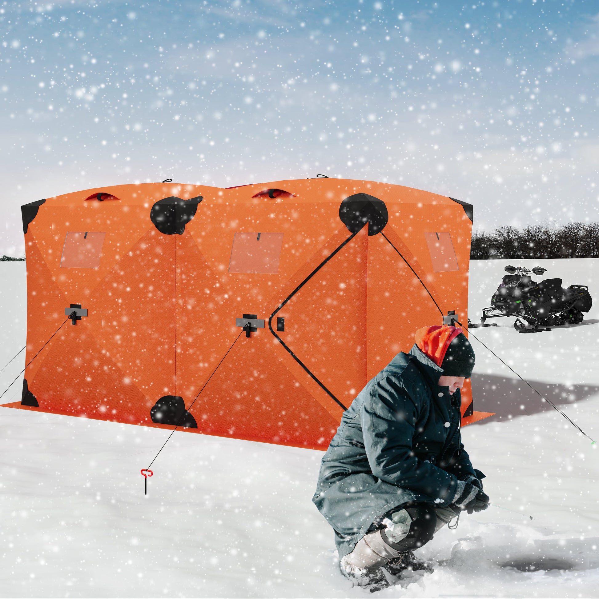 Garvee Pop Up Ice Fishing Tent Insulated Hub-Style Shelter Windproof & Warm 210D Fabric Metal Hubs Double-Layer Windows Orange 6x11.7x6.6 Ft Outdoor Ice Fishing