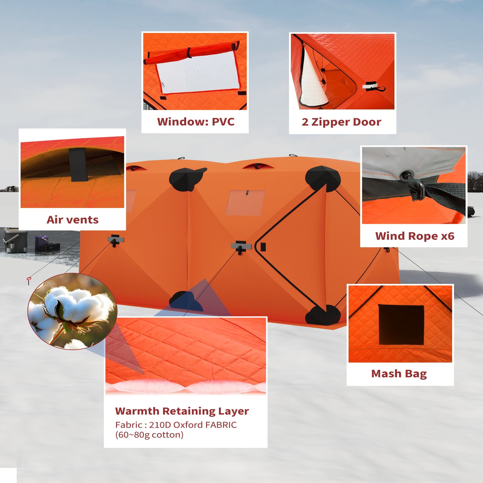 Garvee Pop Up Ice Fishing Tent Insulated Hub-Style Shelter Windproof & Warm 210D Fabric Metal Hubs Double-Layer Windows Orange 6x11.7x6.6 Ft Outdoor Ice Fishing