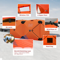 Garvee Pop Up Ice Fishing Tent Insulated Hub-Style Shelter Windproof & Warm 210D Fabric Metal Hubs Double-Layer Windows Orange 6x11.7x6.6 Ft Outdoor Ice Fishing