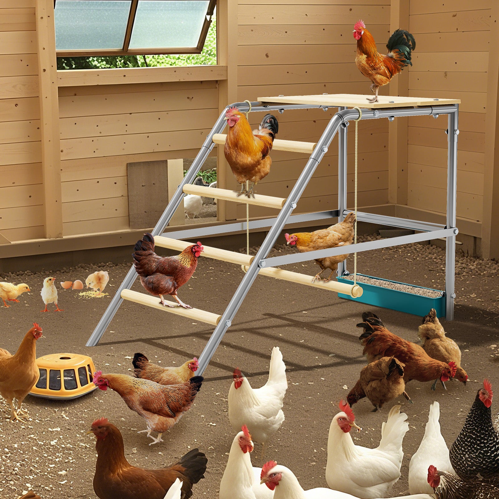 Garvee Chicken Perch with Swing, Sturdy Chicken Roosting Bars with Food Box for Backyard Farm, Chicken Perch for Coop, 37.4"L x 18.9"W x 28"H