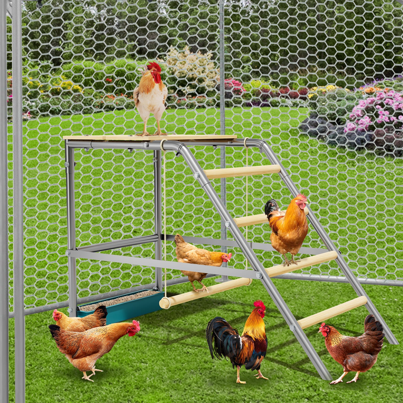 Garvee Chicken Perch with Swing, Sturdy Chicken Roosting Bars with Food Box for Backyard Farm, Chicken Perch for Coop, 37.4"L x 18.9"W x 28"H