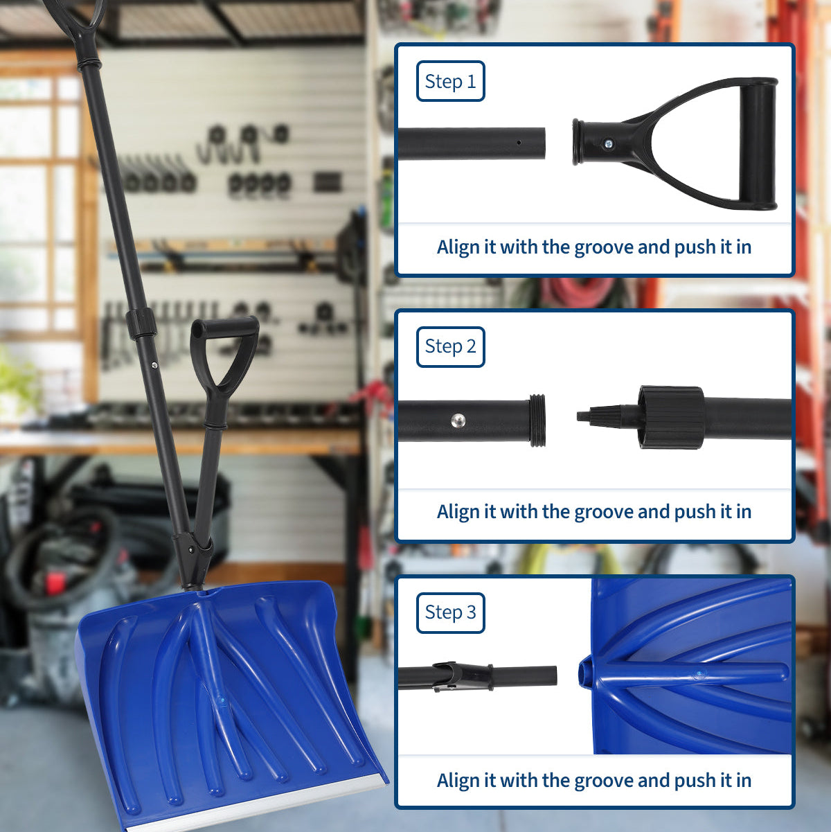 Garvee Snow Shovel with Assisted D-Ring Handle, Ergonomic Snow Pusher Shovel with 18 in Wide Blade, Lightweight & Durable Winter Tool for Driveway Walkway Garden Patio Yard