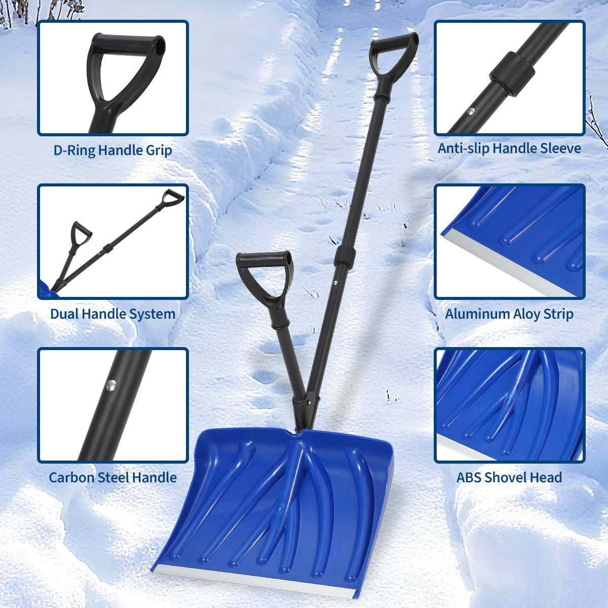 Garvee Snow Shovel with Assisted D-Ring Handle, Ergonomic Snow Pusher Shovel with 18 in Wide Blade, Lightweight & Durable Winter Tool for Driveway Walkway Garden Patio Yard