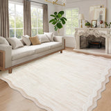 Garvee Large Scalloped Rug 10x13 Solid Color Dining Room Carpet, Decorative Modern Floor Carpet with Non-Slip Backing, Foldable Low Pile Indoor Rug for Living Room, Bedroom, Beige - Ivory White