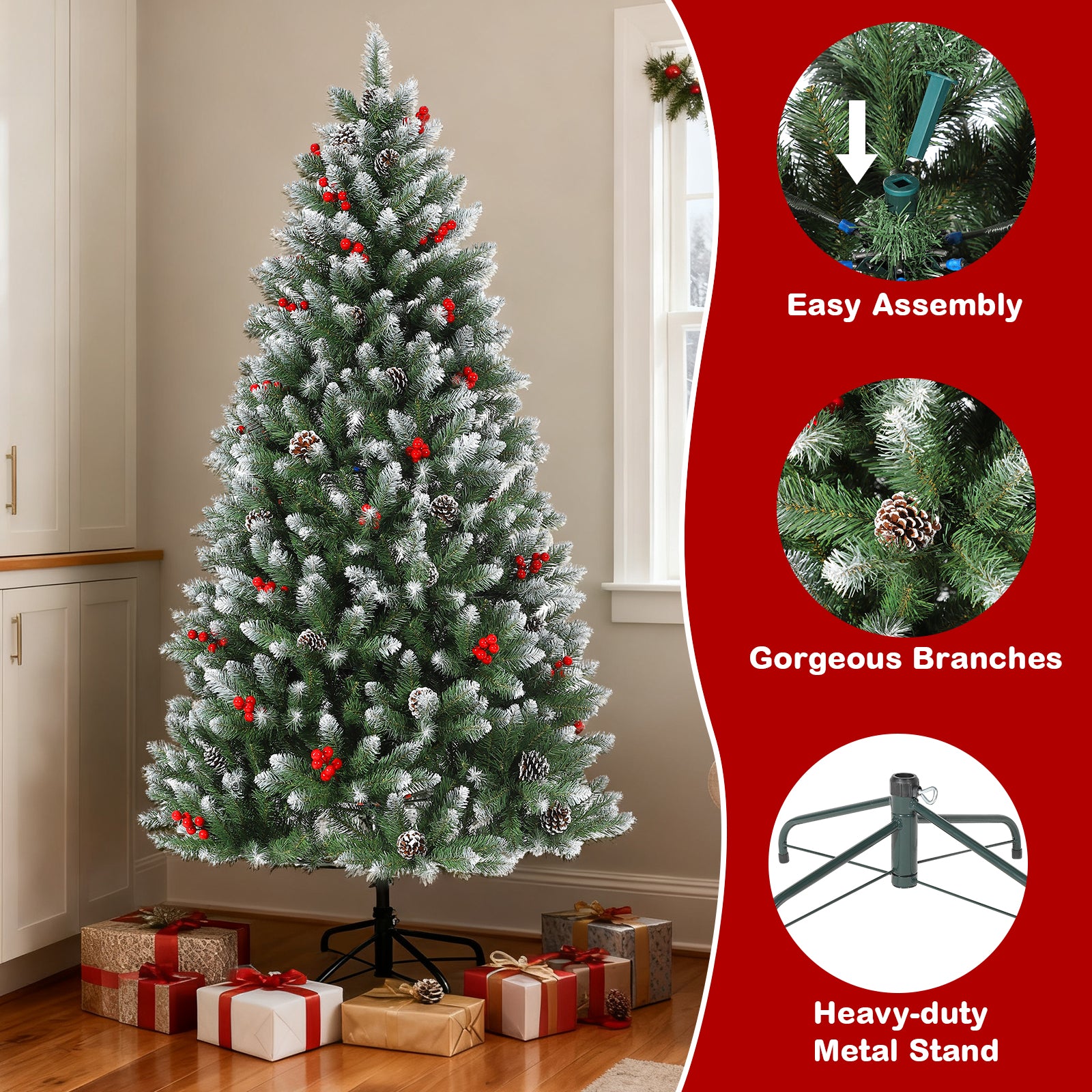 Garvee 5FT Artificial Christmas Tree with Pine Cones & Berries, Hinged Branches, Metal Stand, Frosted Pine, Indoor Outdoor Holiday Decor