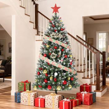 Garvee 6FT Artificial Christmas Tree with Pine Cones & Berries, Hinged Branches, Metal Stand, Frosted Pine, Indoor Outdoor Holiday Decor