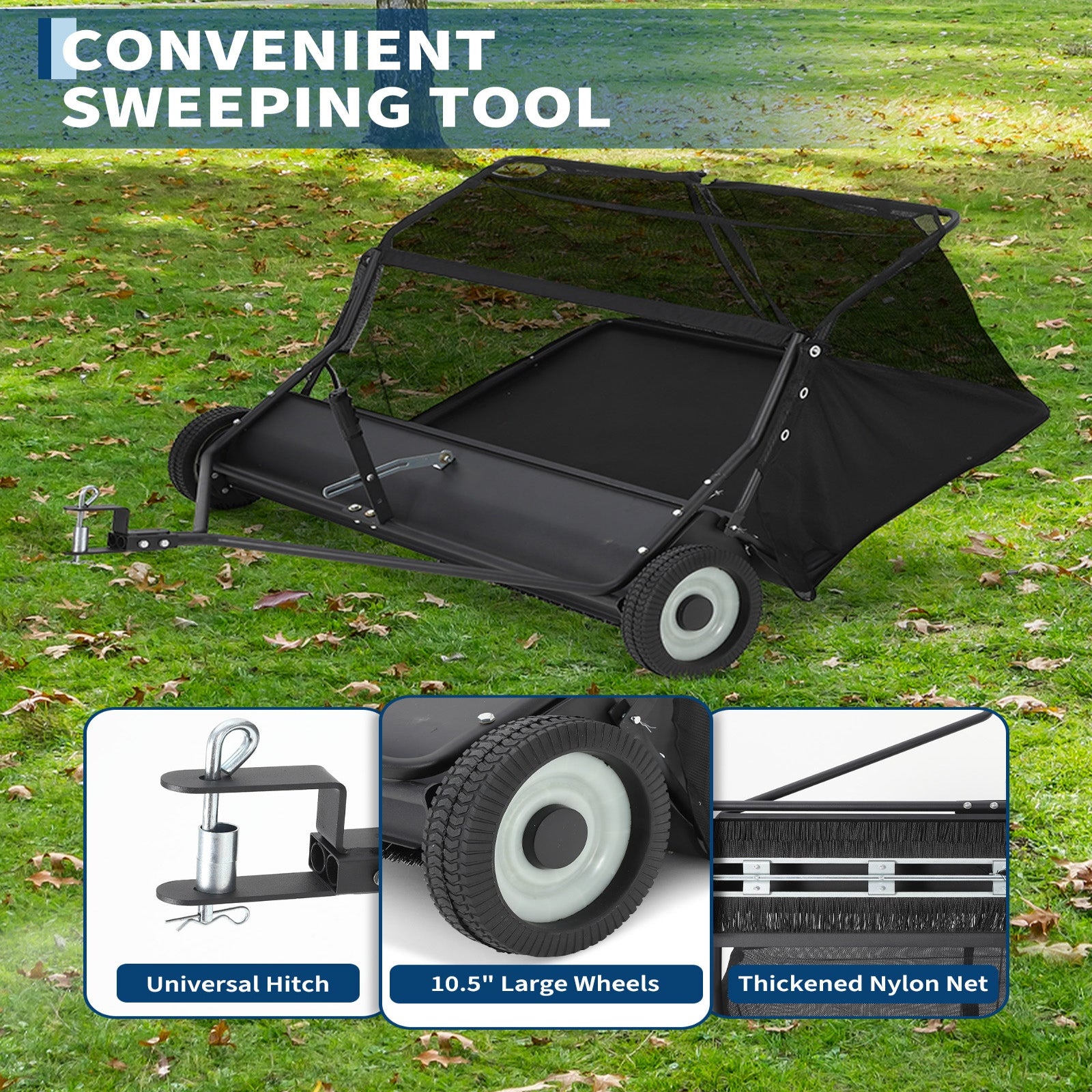 Garvee 50" Lawn Sweeper Tow Behind, Heavy Duty Yard Sweeper Pull Behind with 26 Cu.Ft Large Hopper & Adjustable Sweeping Height, Universal Leaf Grass Collector for Tractor ATV UTV, Black