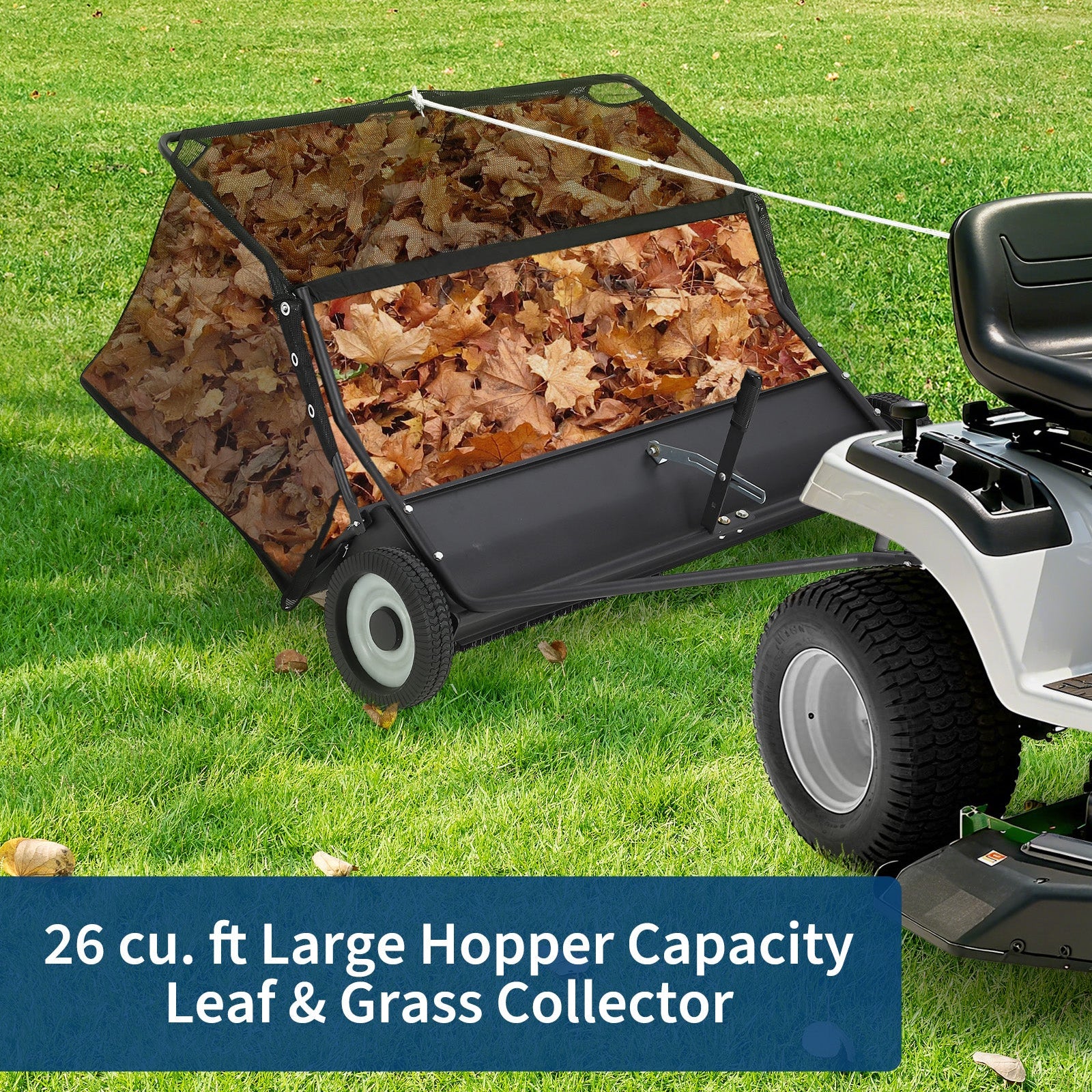 Garvee 50" Lawn Sweeper Tow Behind, Heavy Duty Yard Sweeper Pull Behind with 26 Cu.Ft Large Hopper & Adjustable Sweeping Height, Universal Leaf Grass Collector for Tractor ATV UTV, Black