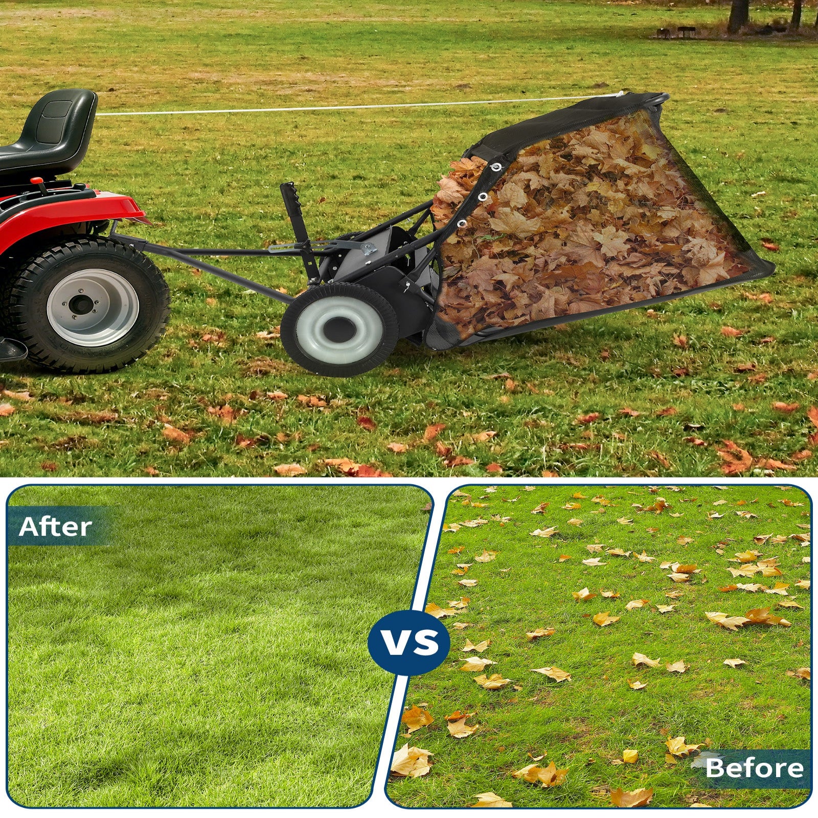 Garvee 48" Lawn Sweeper Tow Behind, Heavy Duty Yard Sweeper Pull Behind with 25 Cu.Ft Large Hopper & Adjustable Sweeping Height, Universal Leaf Grass Collector for Tractor ATV UTV, Black