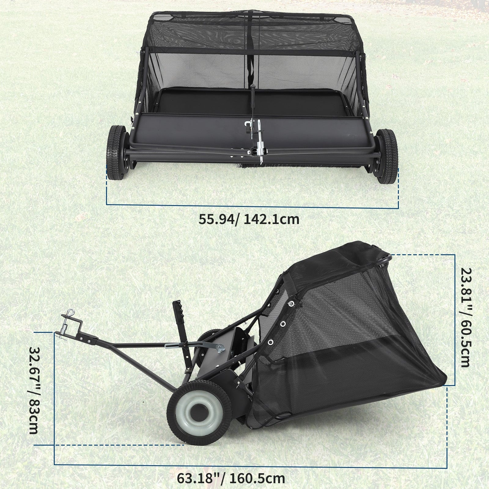 Garvee 48" Lawn Sweeper Tow Behind, Heavy Duty Yard Sweeper Pull Behind with 25 Cu.Ft Large Hopper & Adjustable Sweeping Height, Universal Leaf Grass Collector for Tractor ATV UTV, Black