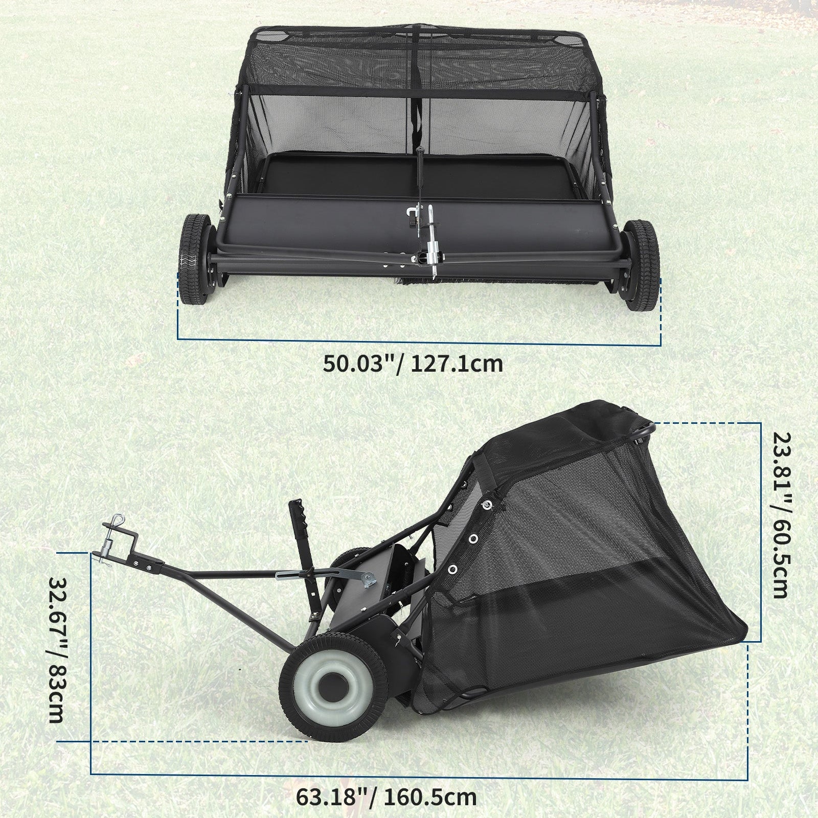 Garvee 42" Lawn Sweeper Tow Behind, Heavy Duty Yard Sweeper Pull Behind with 21 Cu.Ft Large Hopper & Adjustable Sweeping Height, Universal Leaf Grass Collector for Tractor ATV UTV, Black