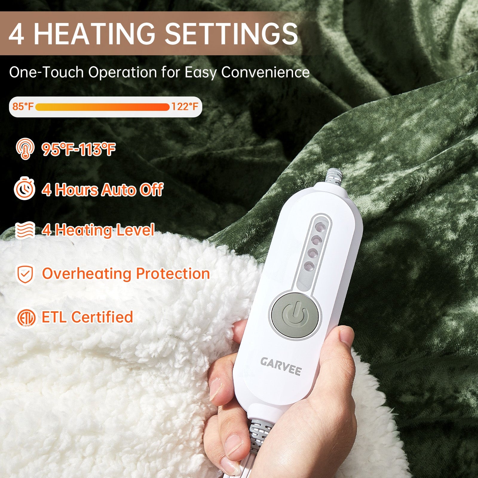 Garvee Electric Blanket Throw, Velvet Heated Throw Blanket, Luxury Soft Electric Heating Blankets, 4 Heat Levels & 4H Auto Off, ETL Certified, Machine Washable, 50" ×60" Green