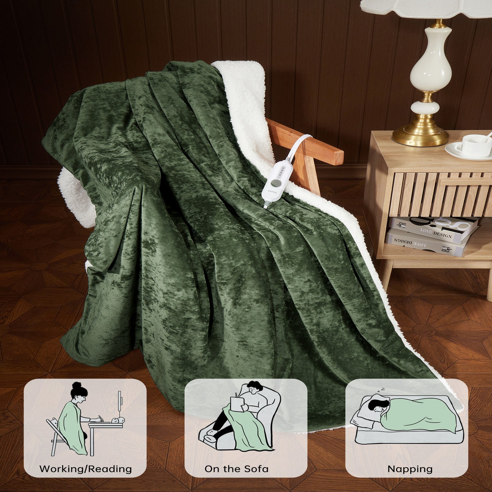Garvee Electric Blanket Throw, Velvet Heated Throw Blanket, Luxury Soft Electric Heating Blankets, 4 Heat Levels & 4H Auto Off, ETL Certified, Machine Washable, 50" ×60" Green