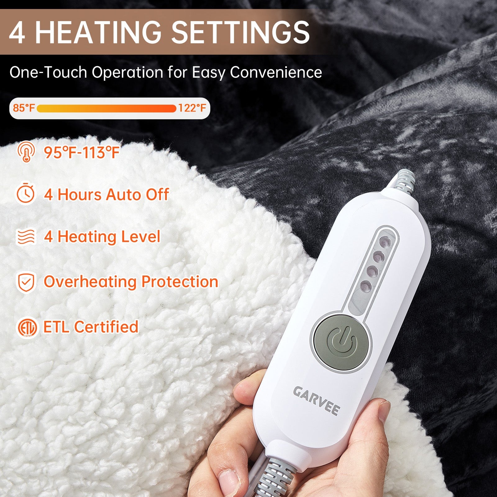 Garvee Heated Throw Blanket, 4 Heat Levels & 4H Auto Off, Electric Blanket Throw, Velvet Soft Cozy Heating Blankets Throw, Machine Washable, Over-Heat Protection, ETL Certified, 50" x 60" Grey