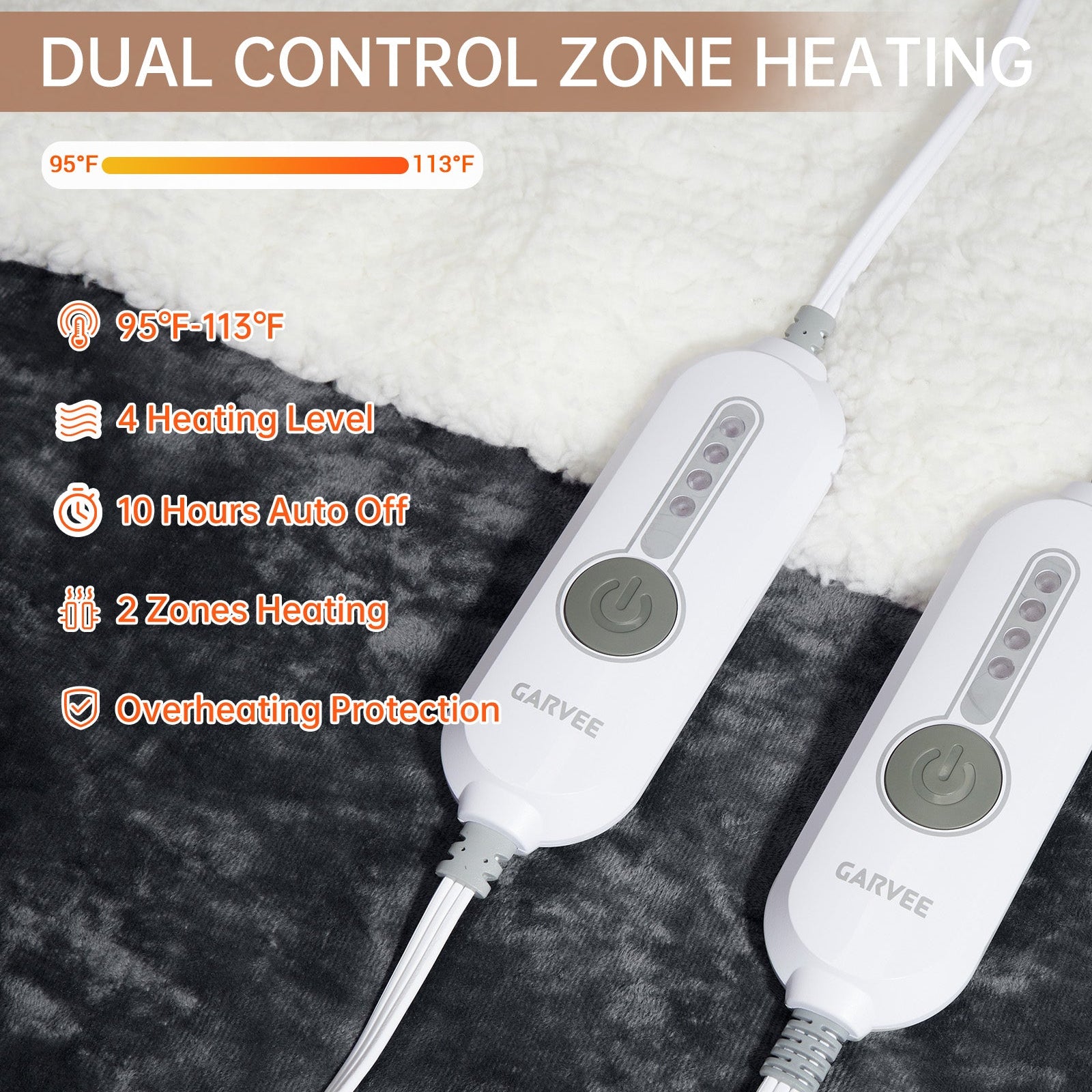 Garvee Electric Blanket Queen with Dual Controls, 4 Heat Settings & 10H Auto Off, Velvet Soft Heating Blankets, ETL Certified, Heated Blanket Queen Size, Machine Washable, 84"x90" Grey