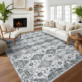 Garvee Washable Neutral Area Rugs Gray 9'X12' Vintage Floral Retro Boho Geometric Non Slip Low Pile Carpet for Living Room Bedroom - Gray