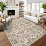 Garvee Washable Neutral Area Rugs Beige Brown 5'X7' Vintage Floral Retro Boho Geometric Non Slip Low Pile Carpet for Living Room Bedroom - Beige Brown