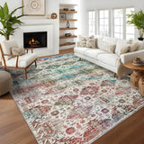 Garvee Washable Neutral Area Rugs 8'x10' Vintage Floral Retro Boho Geometric Non Slip Low Pile Carpet for Living Room Bedroom Dining Room Nursery Kids Room - Multicolor