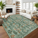 Garvee 9' x 12' Large Botanical Area Rug, Washable Non-Slip Low-Pile Floral & Insect Rug for Living Room, Bedroom & Dining Room, Green - Green