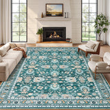 Garvee Area Rug 8x10 Vintage Oriental Rug for Living Room, Thin Washable Carpet with Non Slip Rubber Backing, Soft Non Shedding Floor Covering, Low Pile Foldable Mats for Bedroom, Green - Green