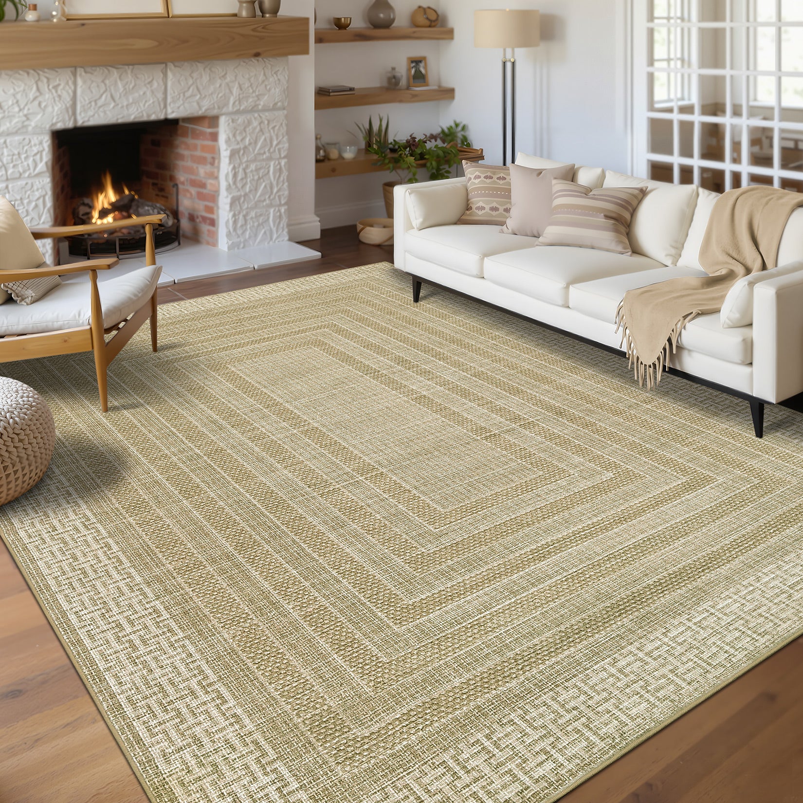 Garvee Bordered 10x13 Living Room Rugs, Washable Modern Soft Non Slip Geometric Area Rug for Bedroom, Taupe