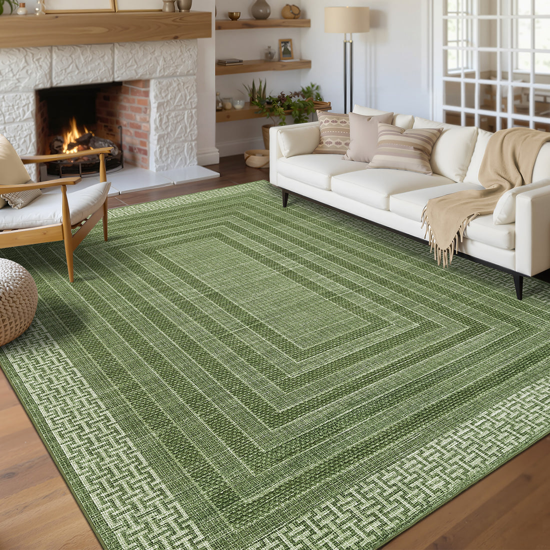 Garvee Washable 10x13 Area Rug Green Geometric Bordered Ultra Thin Soft Non Slip Carpet for Living Room Bedroom Dining Office