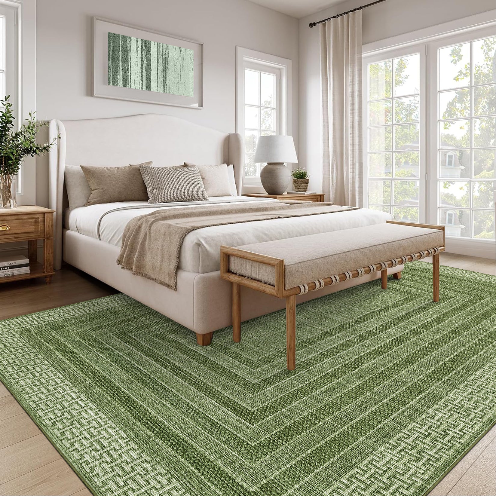 Garvee Washable 10x13 Area Rug Green Geometric Bordered Ultra Thin Soft Non Slip Carpet for Living Room Bedroom Dining Office