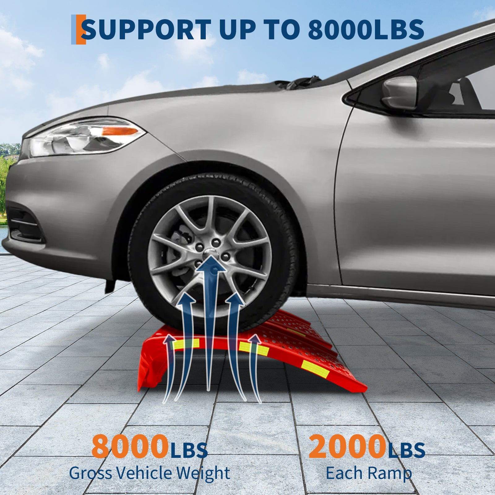 Garvee Heavy Duty Automotive Car Ramp Set – 2 Pack, 8,000 lbs Capacity, 8" Lift, Robust Steel, Reflective Stickers, For Trucks, SUVs, Vehicle Maintenance, Tool Kit – Red