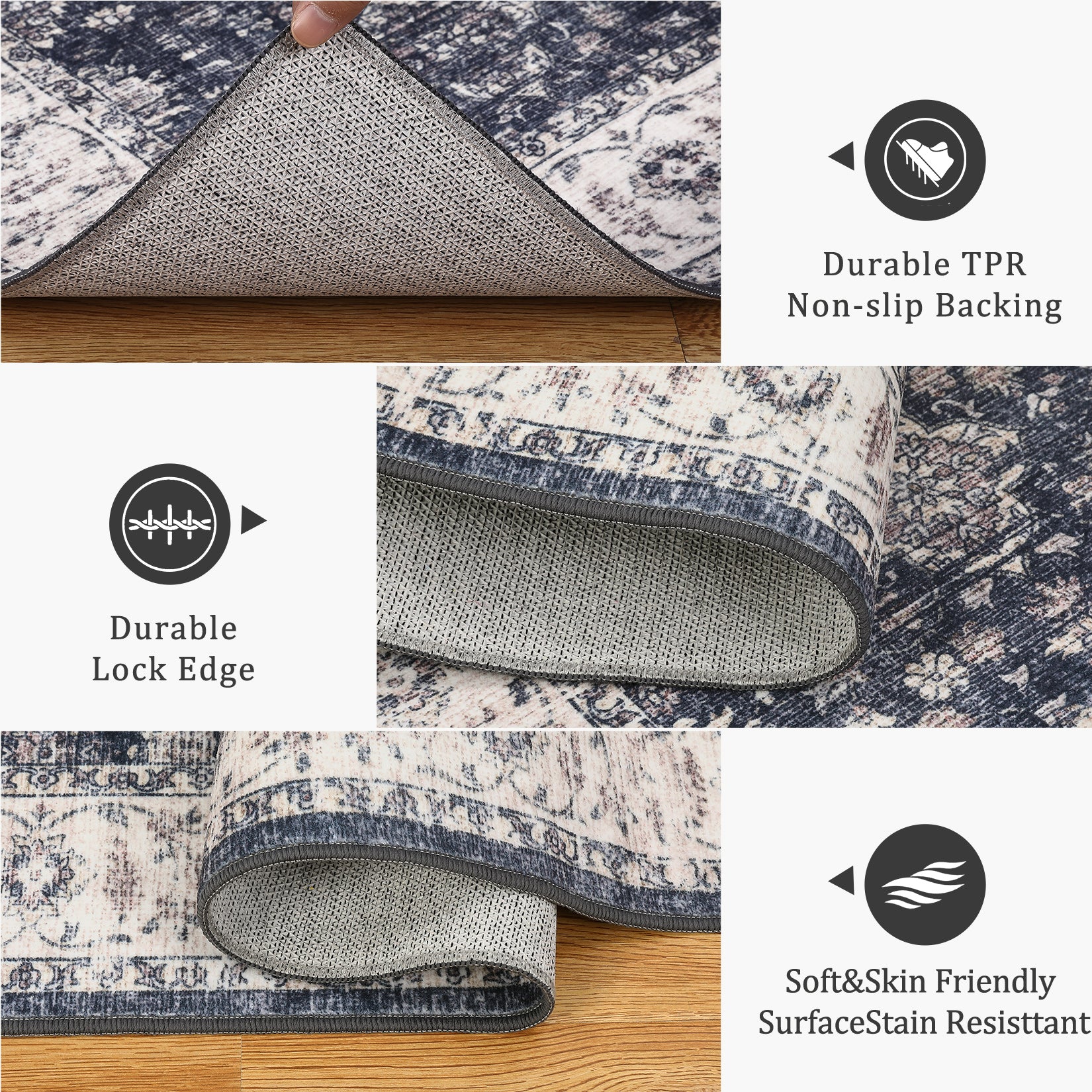 Garvee Vintage Boho Runner Rugs Black & Grey 2'x6' Washable Non-Slip Soft Pastel Carpet for Living Room Bedroom Dining Nursery Office