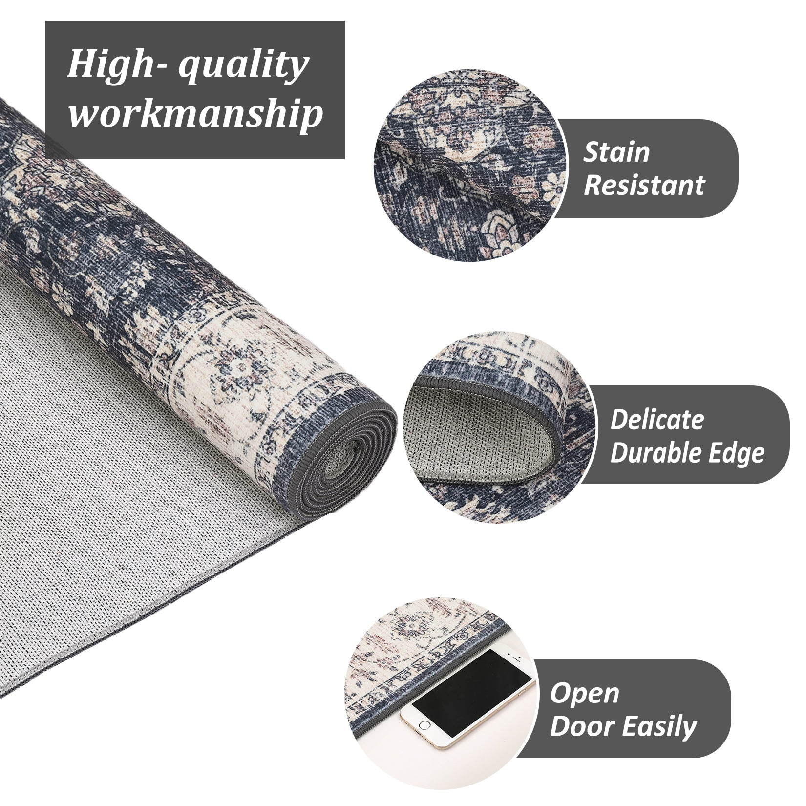 Garvee Vintage Boho Runner Rugs Black & Grey 2'x6' Washable Non-Slip Soft Pastel Carpet for Living Room Bedroom Dining Nursery Office