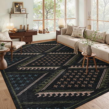 Garvee 9x12 Geometric Boho Area Rug Large Washable Rugs for Living Room Bedroom Soft Dining Table Carpet Non Shedding Foldable Indoor Carpet for Office Nursery Home Decor, Black