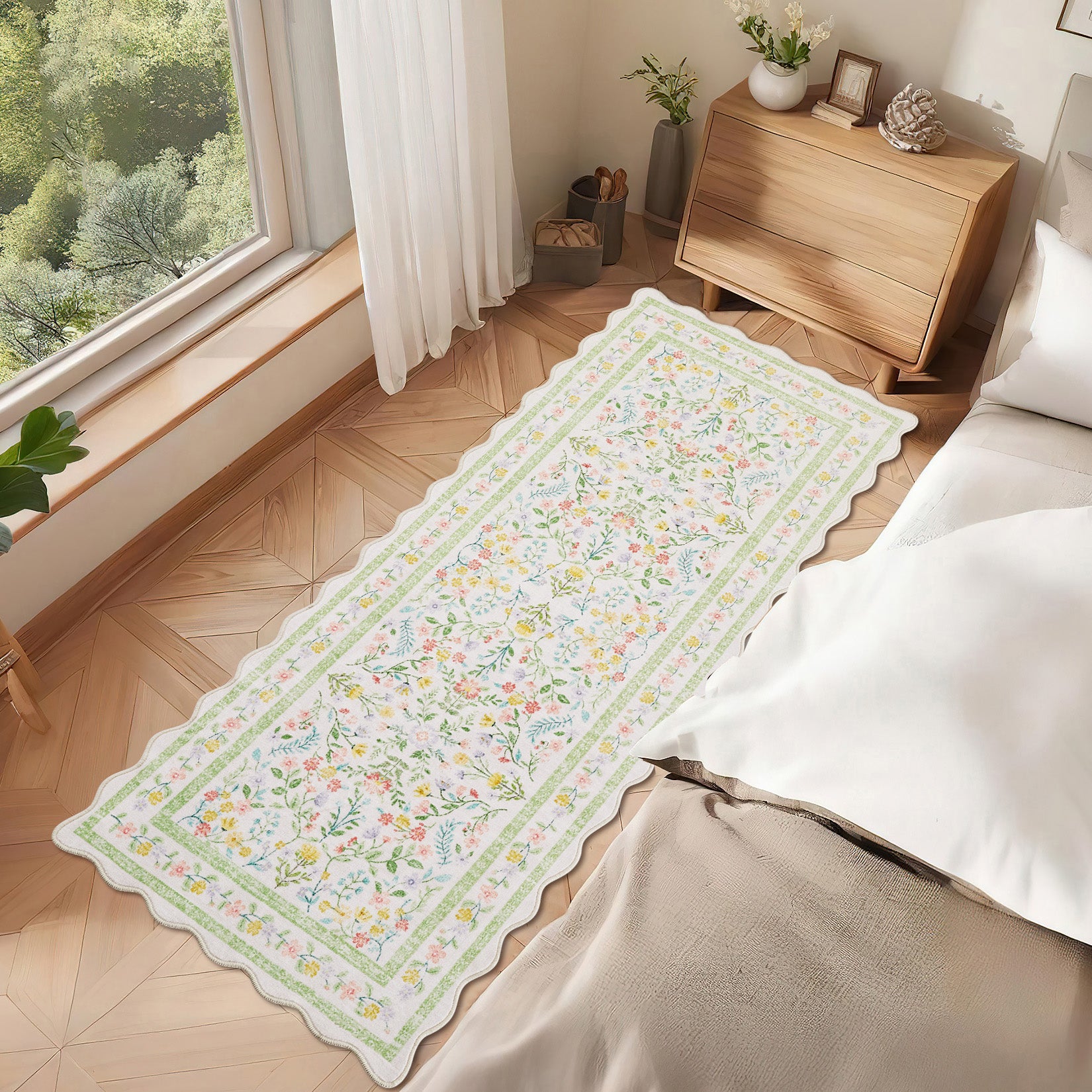 Garvee Floral Area Rug with Unique Shape - Rustic Natural Design Non-Slip Machine Washable Rug, Soft Bohemian Rug