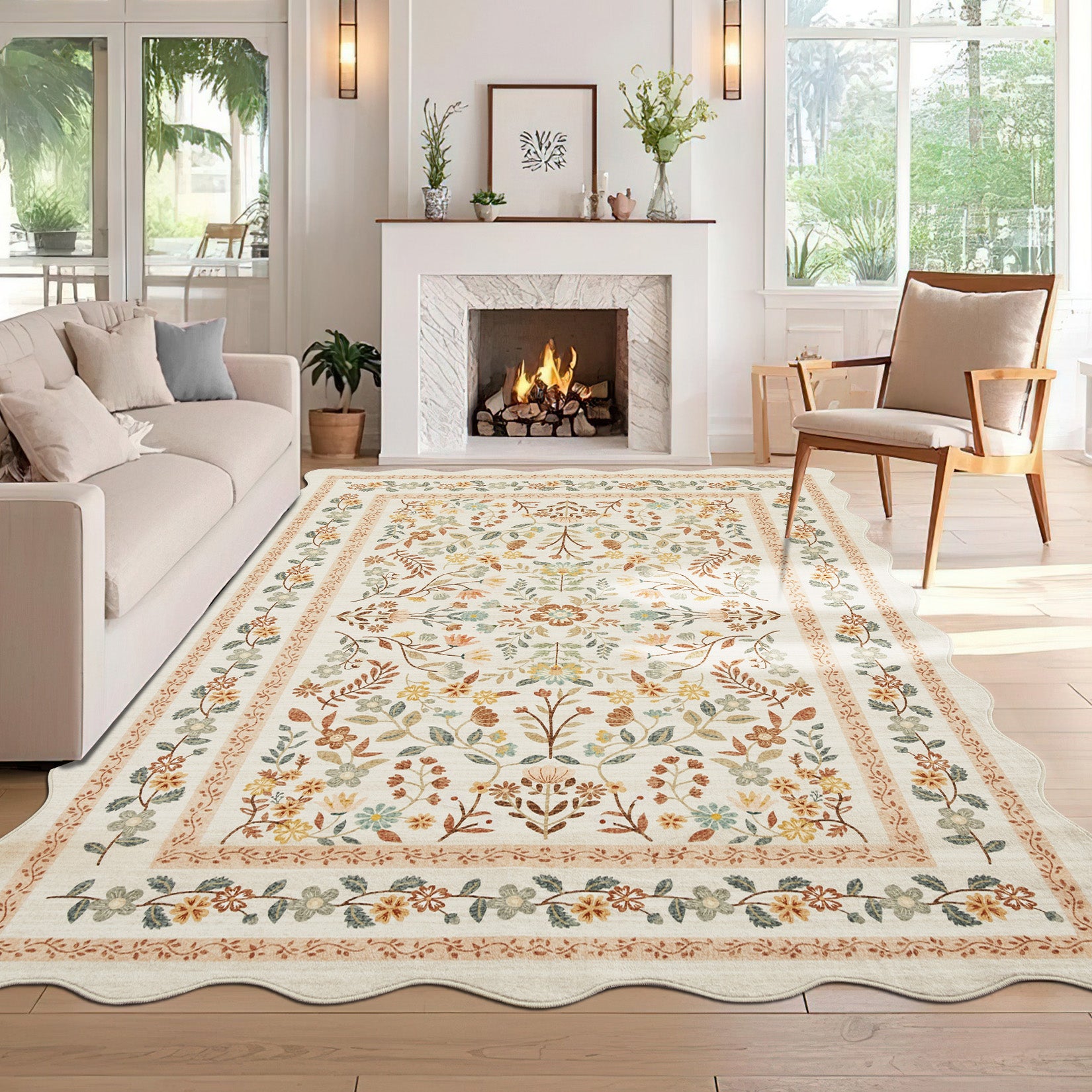 Garvee Floral Area Rug with Unique Shape - Rustic Natural Design Non-Slip Machine Washable Rug, Soft Bohemian Rug