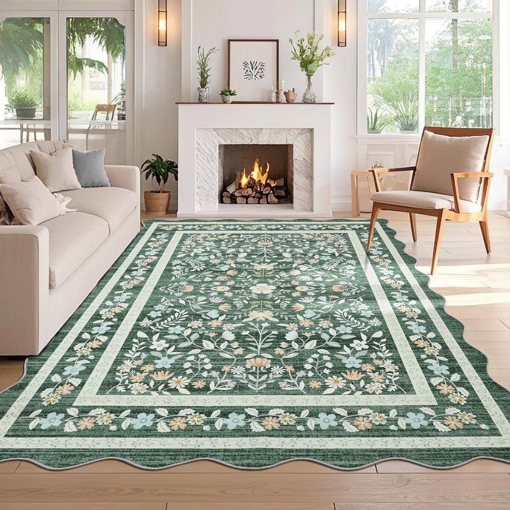 Garvee Floral Area Rug with Unique Shape - Rustic Natural Design Non-Slip Machine Washable Rug, Soft Bohemian Rug