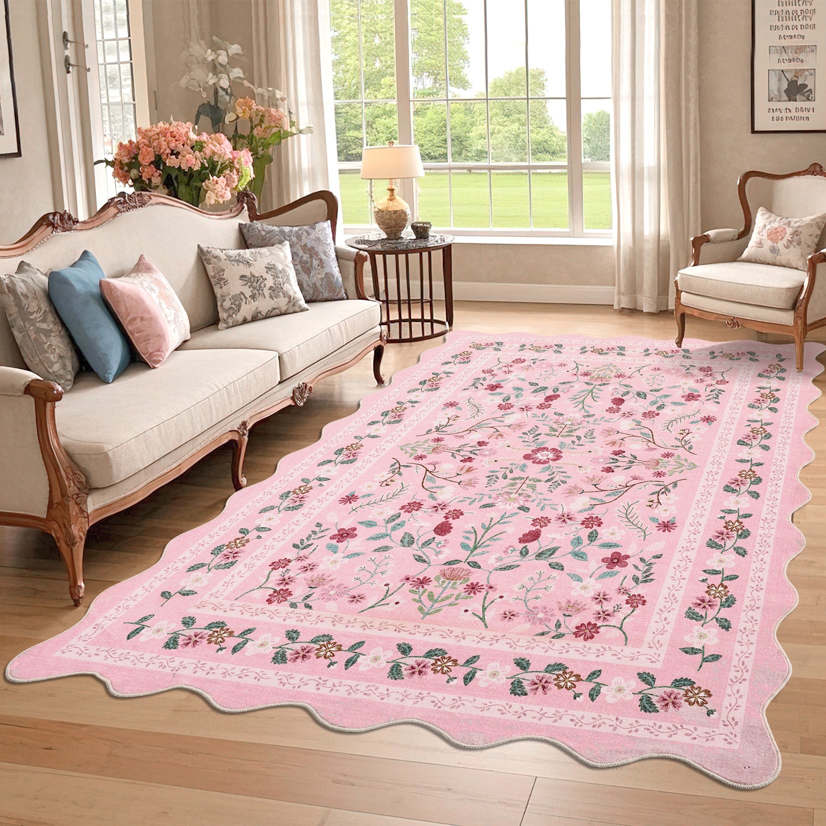 Garvee Floral Area Rug with Unique Shape - Rustic Natural Design Non-Slip Machine Washable Rug, Soft Bohemian Rug