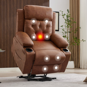 Garvee Power Lift Recliner Chair for Elderly with Massage and Lumbar Heating, PU Leather Electric Lift Reclining Single Sofa with Side Pockets, 2 Cup Holders for Mobility Impaired, Brown