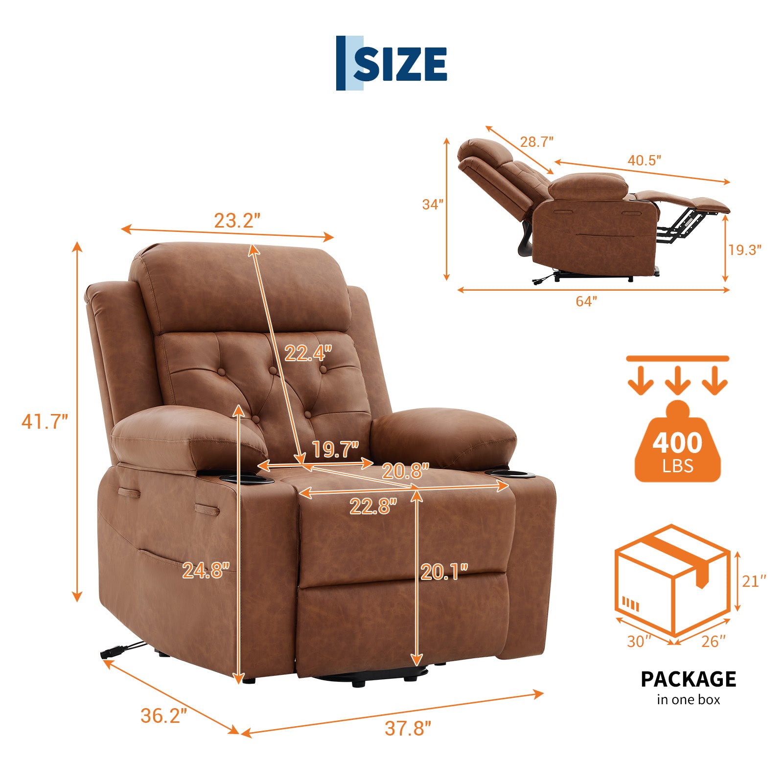 Garvee Power Lift Recliner Chair for Elderly with Massage and Lumbar Heating, PU Leather Electric Lift Reclining Single Sofa with Side Pockets, 2 Cup Holders for Mobility Impaired, Brown