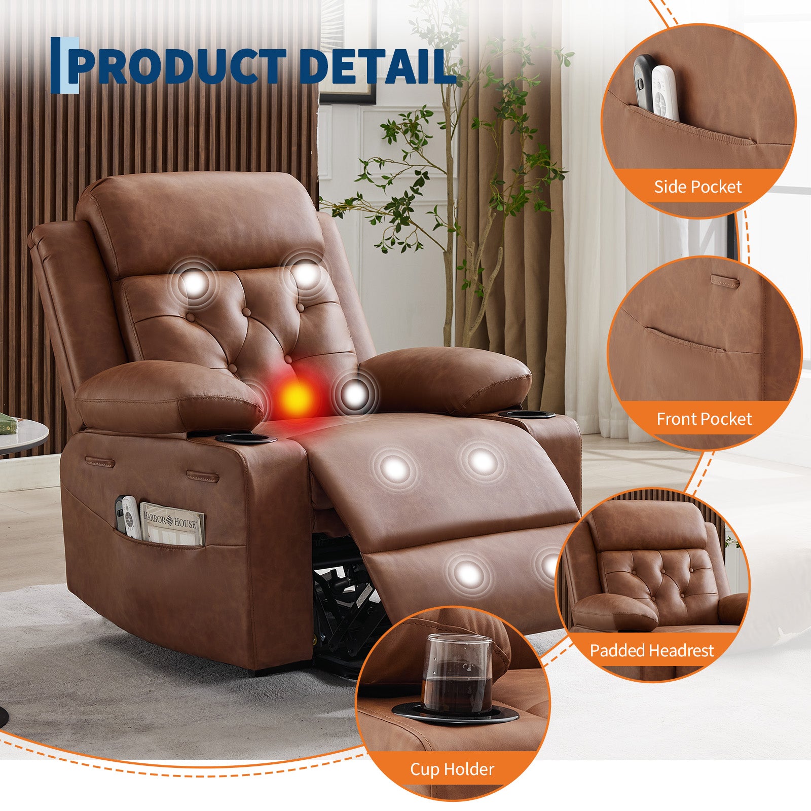Garvee Power Lift Recliner Chair for Elderly with Massage and Lumbar Heating, PU Leather Electric Lift Reclining Single Sofa with Side Pockets, 2 Cup Holders for Mobility Impaired, Brown