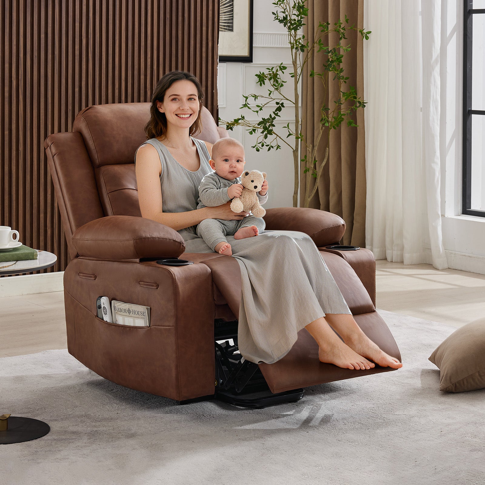 Garvee Power Lift Recliner Chair for Elderly with Massage and Lumbar Heating, PU Leather Electric Lift Reclining Single Sofa with Side Pockets, 2 Cup Holders for Mobility Impaired, Brown