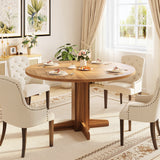 Garvee 47" Farmhouse Round Dining Table in Wood Grain Design with Wood Pedestal Base Suitable for 2-4 Peaple, Walnut - Walnut