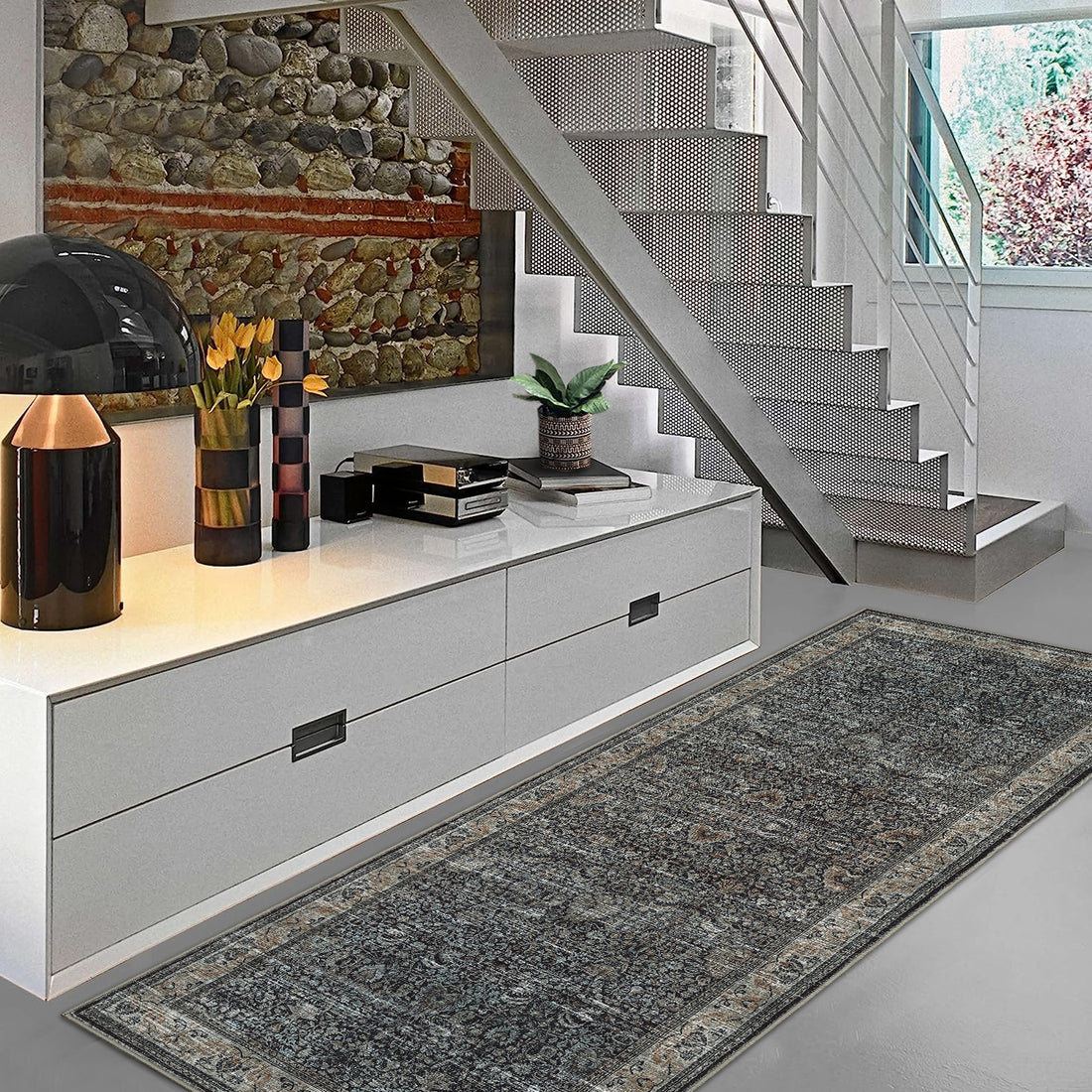 Garvee Washable Runner Rugs, Reddish Brown 2'X6' Antique Distressed Long Rug, Modern Non Slip Stain Resistant Vintage Print Accent Carpet for Living Room Bedroom Dining Office Farmhouse Hallway Entryway