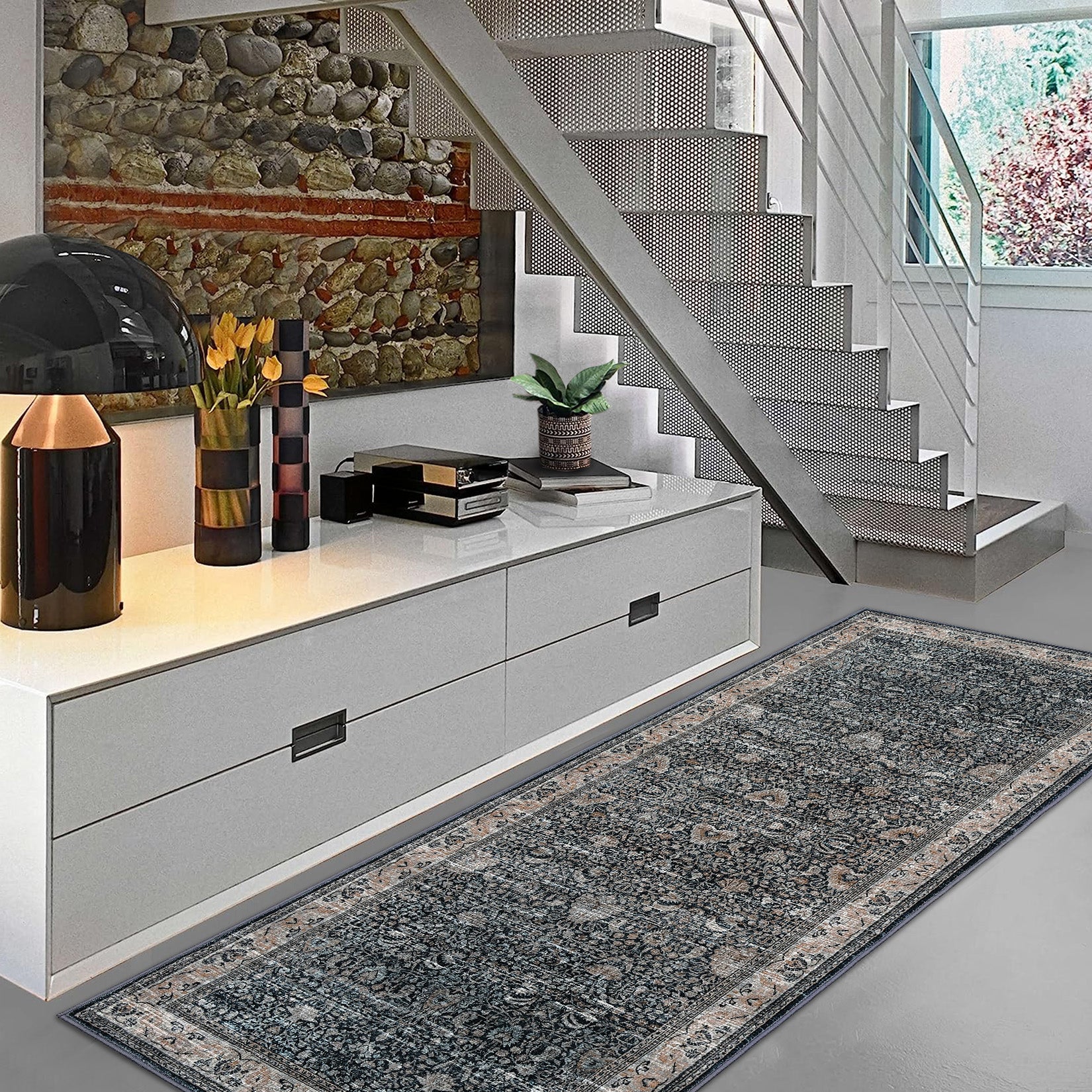 Garvee Washable Runner Rugs, Black 2'X6' Antique Distressed Long Rug, Modern Non Slip Stain Resistant Vintage Print Accent Carpet Floor Mat for Living Room Bedroom Dining Office Farmhouse Hallway Entryway