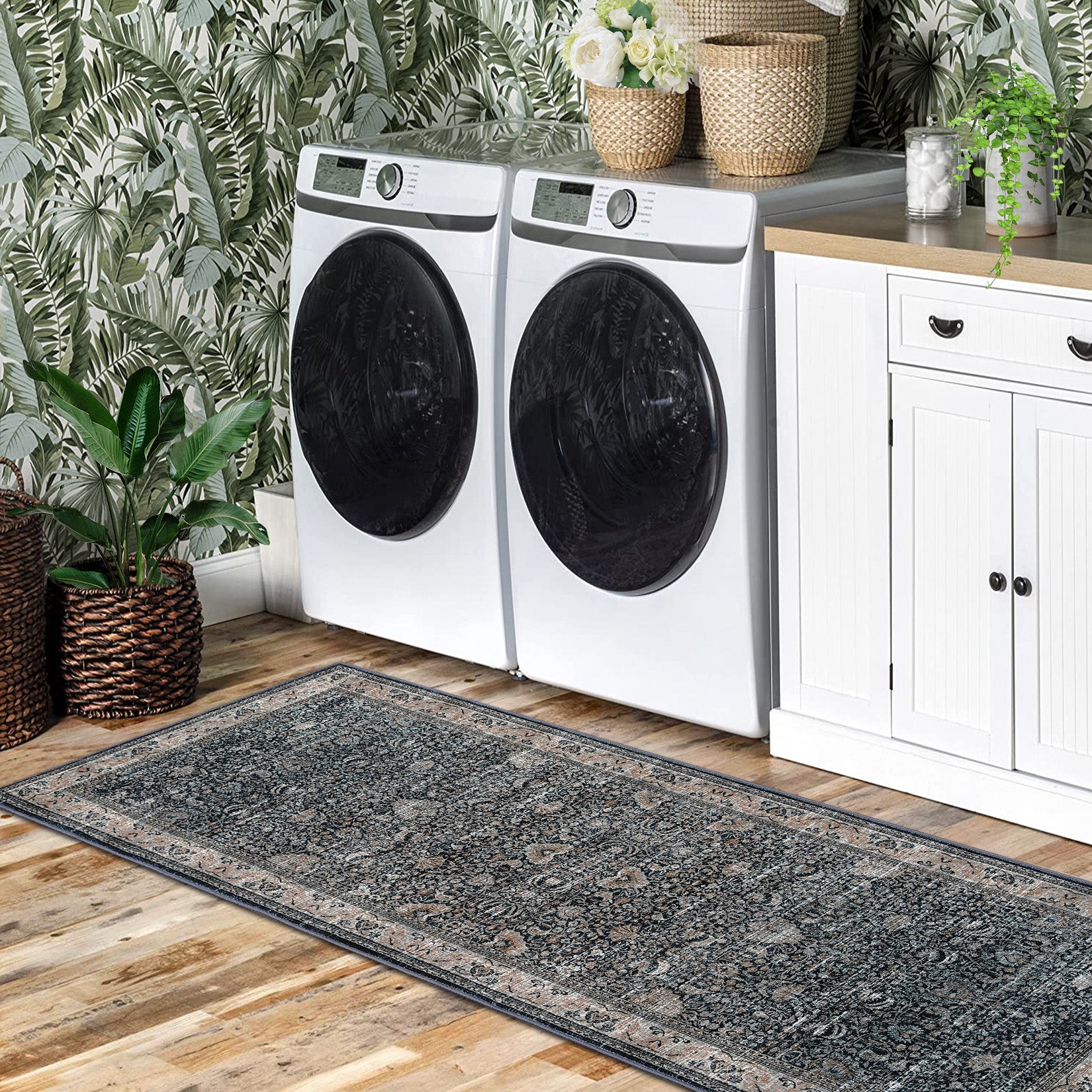 Garvee Washable Runner Rugs, Black 2'X6' Antique Distressed Long Rug, Modern Non Slip Stain Resistant Vintage Print Accent Carpet Floor Mat for Living Room Bedroom Dining Office Farmhouse Hallway Entryway