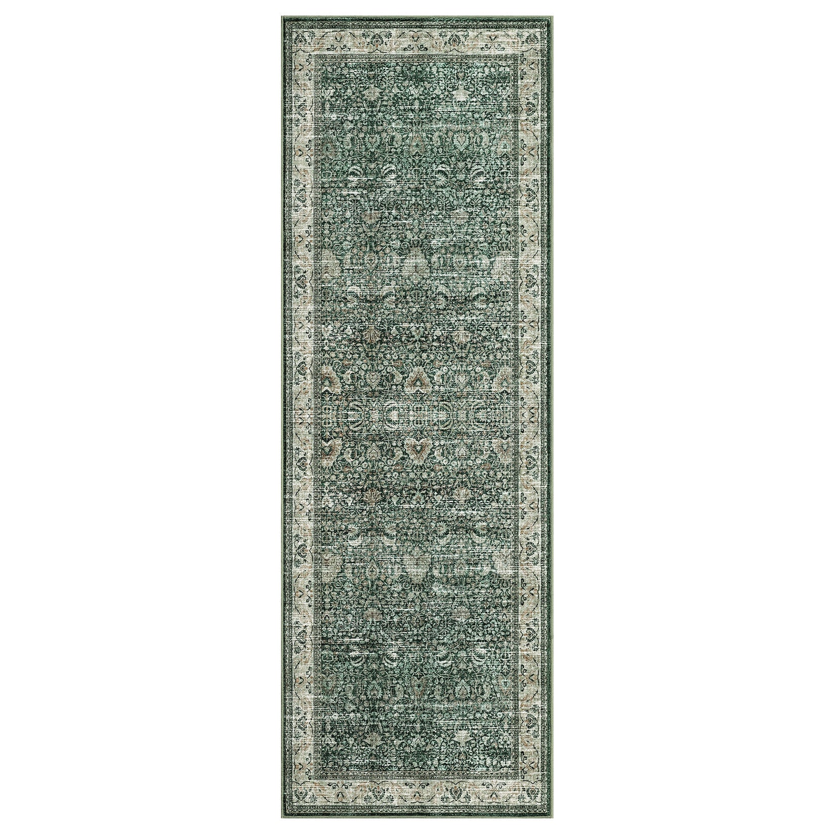 Garvee Washable Runner Rugs, Green 2'X6' Antique Distressed Long Rug, Modern Non Slip Stain Resistant Vintage Print Accent Carpet Floor Mat for Living Room Bedroom Dining Office Farmhouse Hallway Entryway