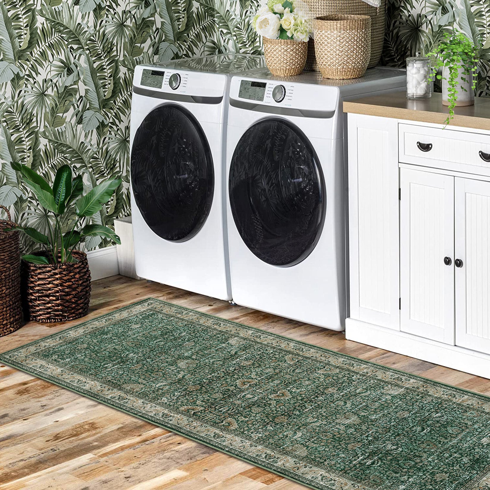 Garvee Washable Runner Rugs, Green 2'X6' Antique Distressed Long Rug, Modern Non Slip Stain Resistant Vintage Print Accent Carpet Floor Mat for Living Room Bedroom Dining Office Farmhouse Hallway Entryway