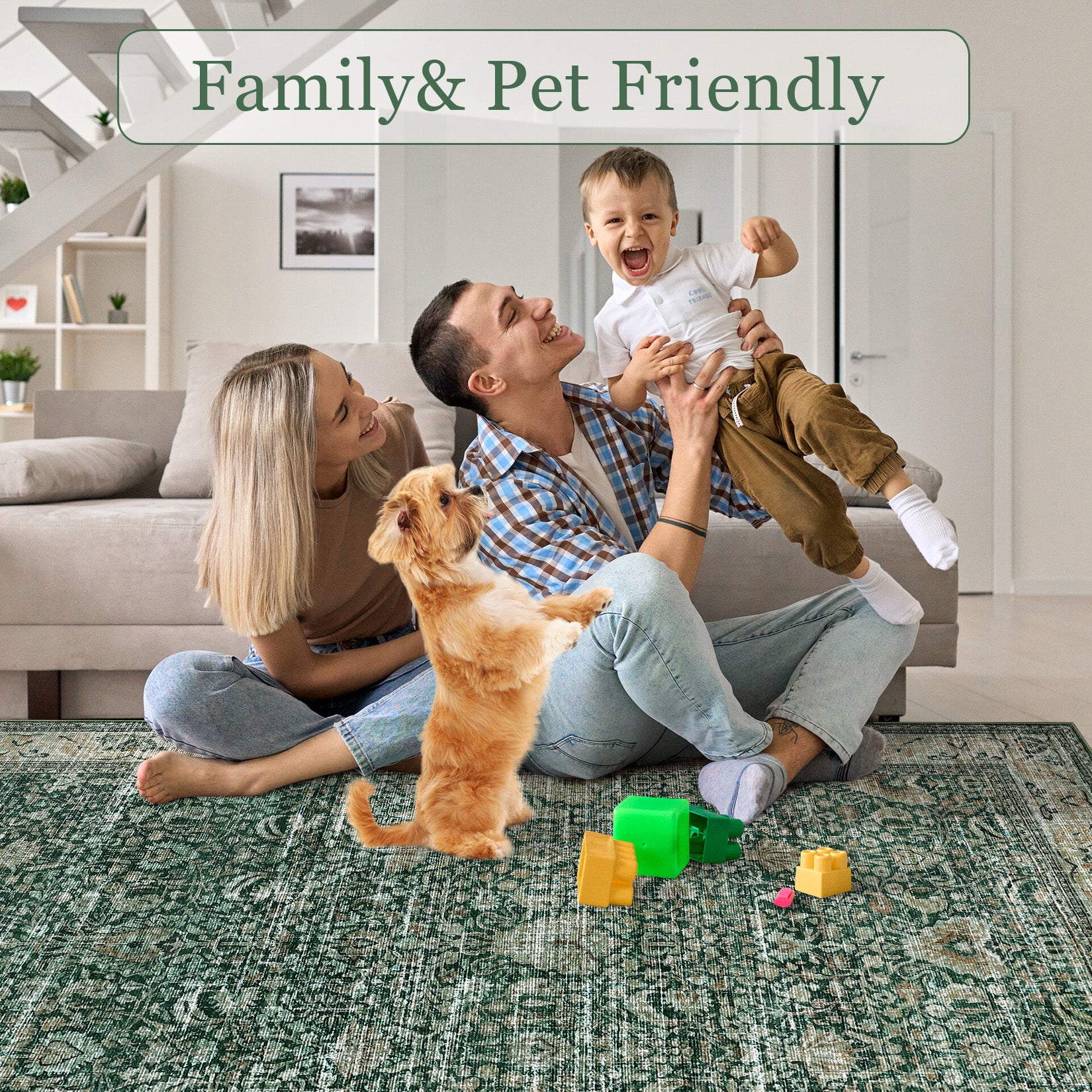 Garvee Washable Area Rugs, Green 5'X7' Antique Distressed Large Rug for Living Room, Modern Non Slip Stain Resistant Vintage Print Accent Carpet Floor Mat for Bedroom Dining Office Farmhouse