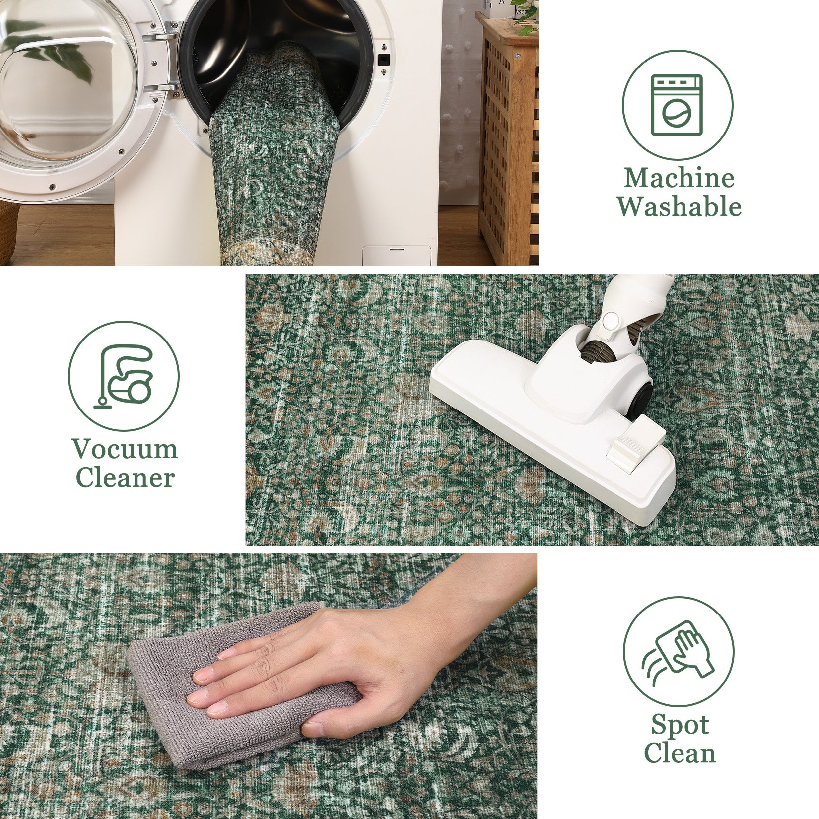 Garvee Washable Area Rugs, Green 5'X7' Antique Distressed Large Rug for Living Room, Modern Non Slip Stain Resistant Vintage Print Accent Carpet Floor Mat for Bedroom Dining Office Farmhouse