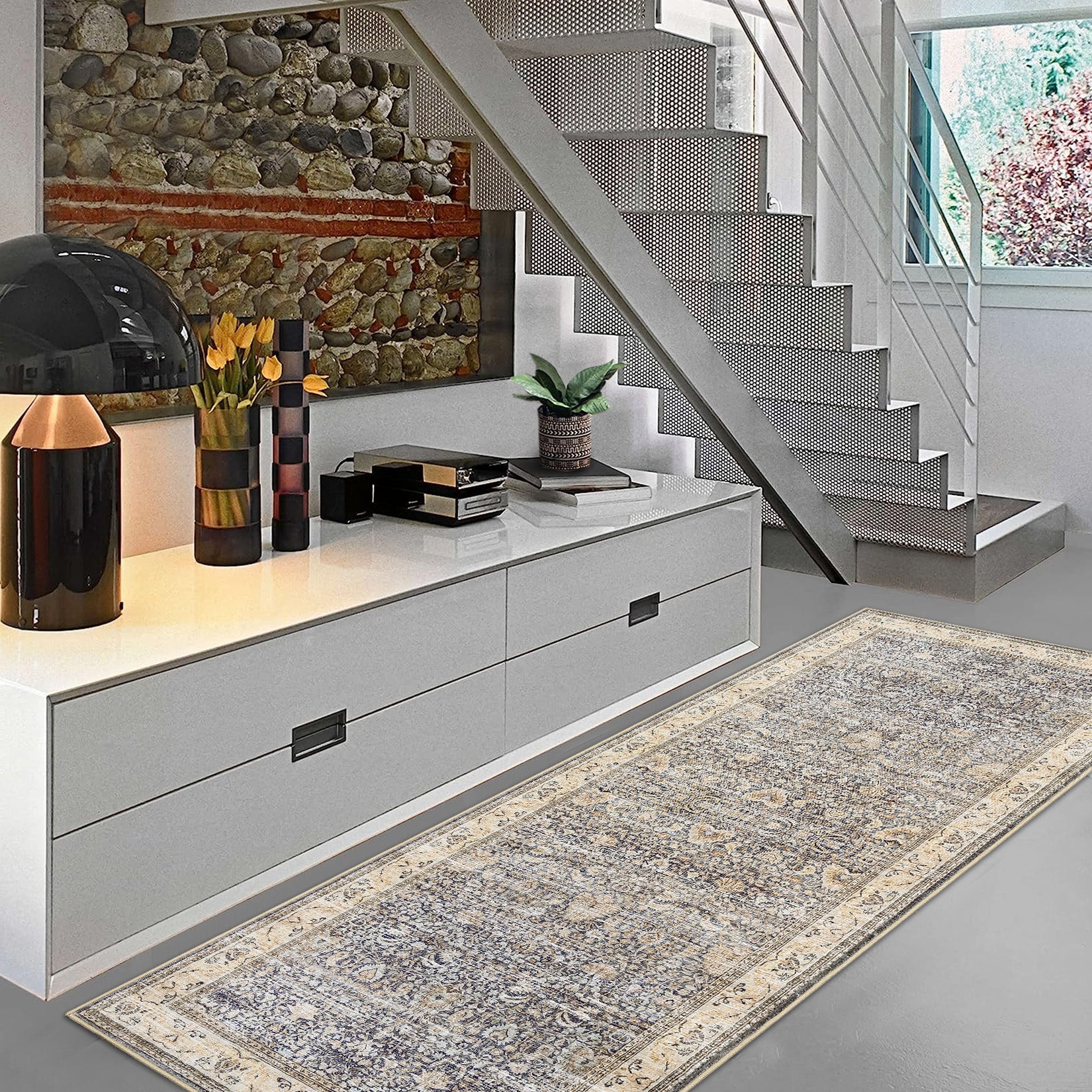 Garvee Washable Runner Rugs, Beige Yellow 2'X6' Antique Distressed Long Rug, Modern Non Slip Stain Resistant Vintage Print Accent Carpet for Living Room Bedroom Dining Office Farmhouse Hallway Entryway